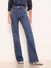 Lipsy Dark Wash Blue Sailor Button Flared Leg Jeans - Image 3 of 5