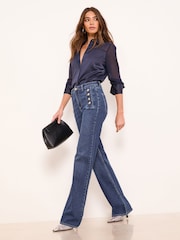 Lipsy Dark Wash Blue Sailor Button Flared Leg Jeans - Image 5 of 5
