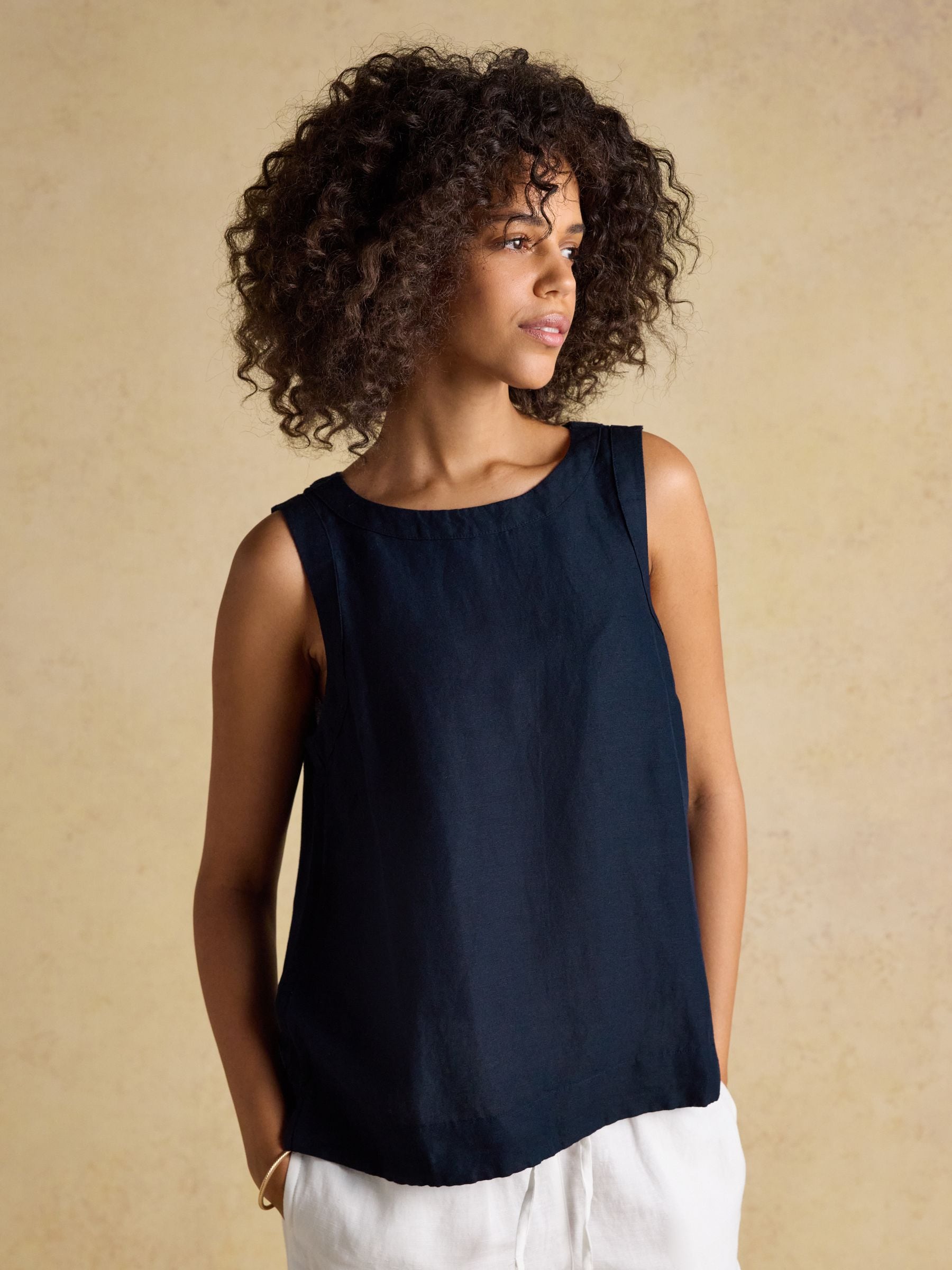 Joules Light Cove Navy Round Neck Sleeveless Top With Linen
