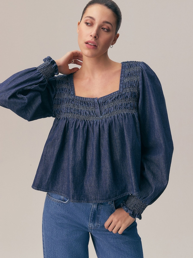 Mid Blue Denim Long Sleeve Shirred Blouse - Image 1 of 5