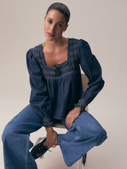 Mid Blue Denim Long Sleeve Shirred Blouse - Image 2 of 5