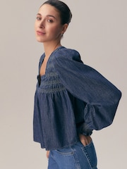 Mid Blue Denim Long Sleeve Shirred Blouse - Image 3 of 5