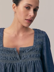 Mid Blue Denim Long Sleeve Shirred Blouse - Image 5 of 5