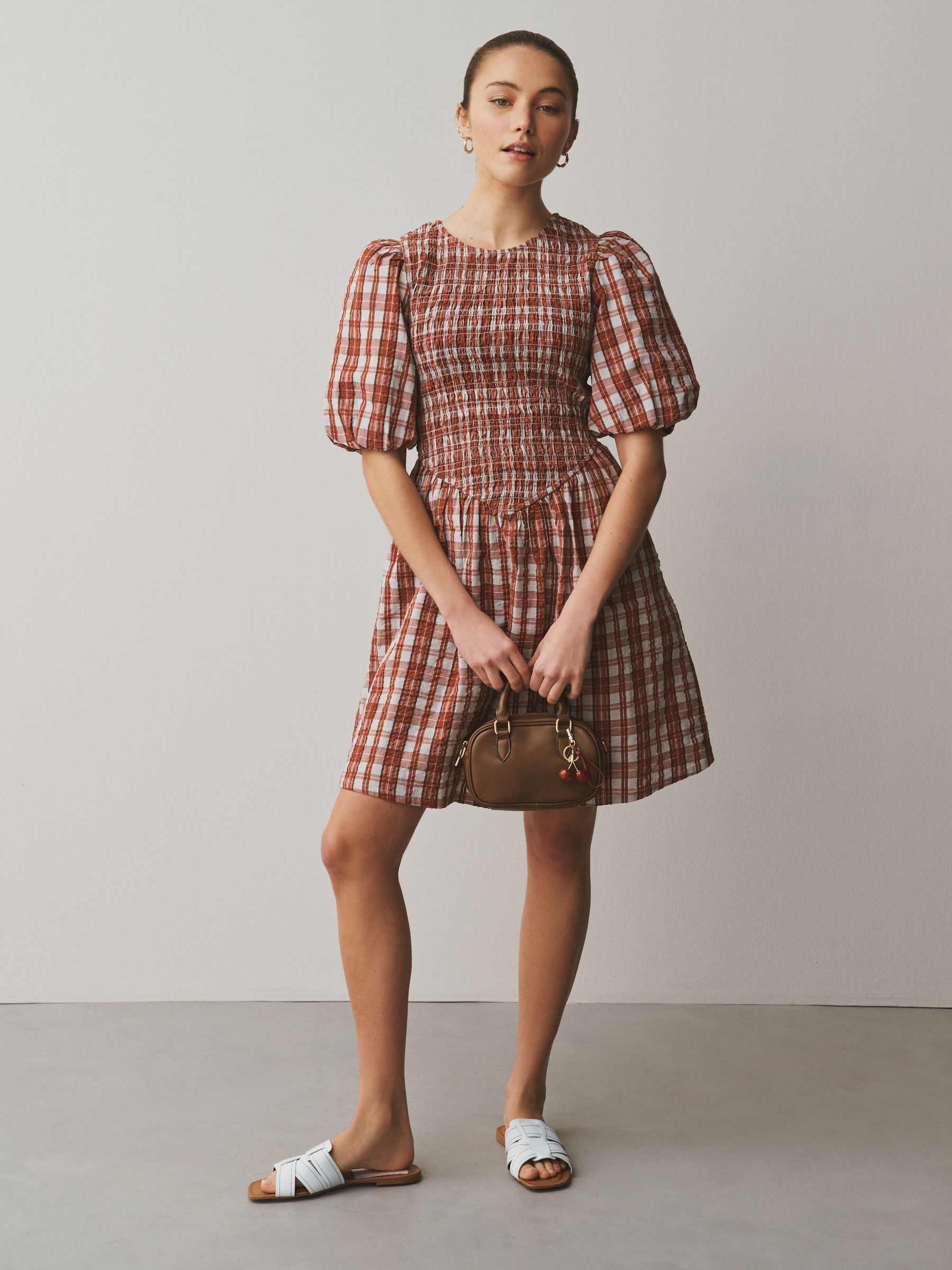 Buy Red Check Puff Sleeve Shirred Mini Dress from Next USA