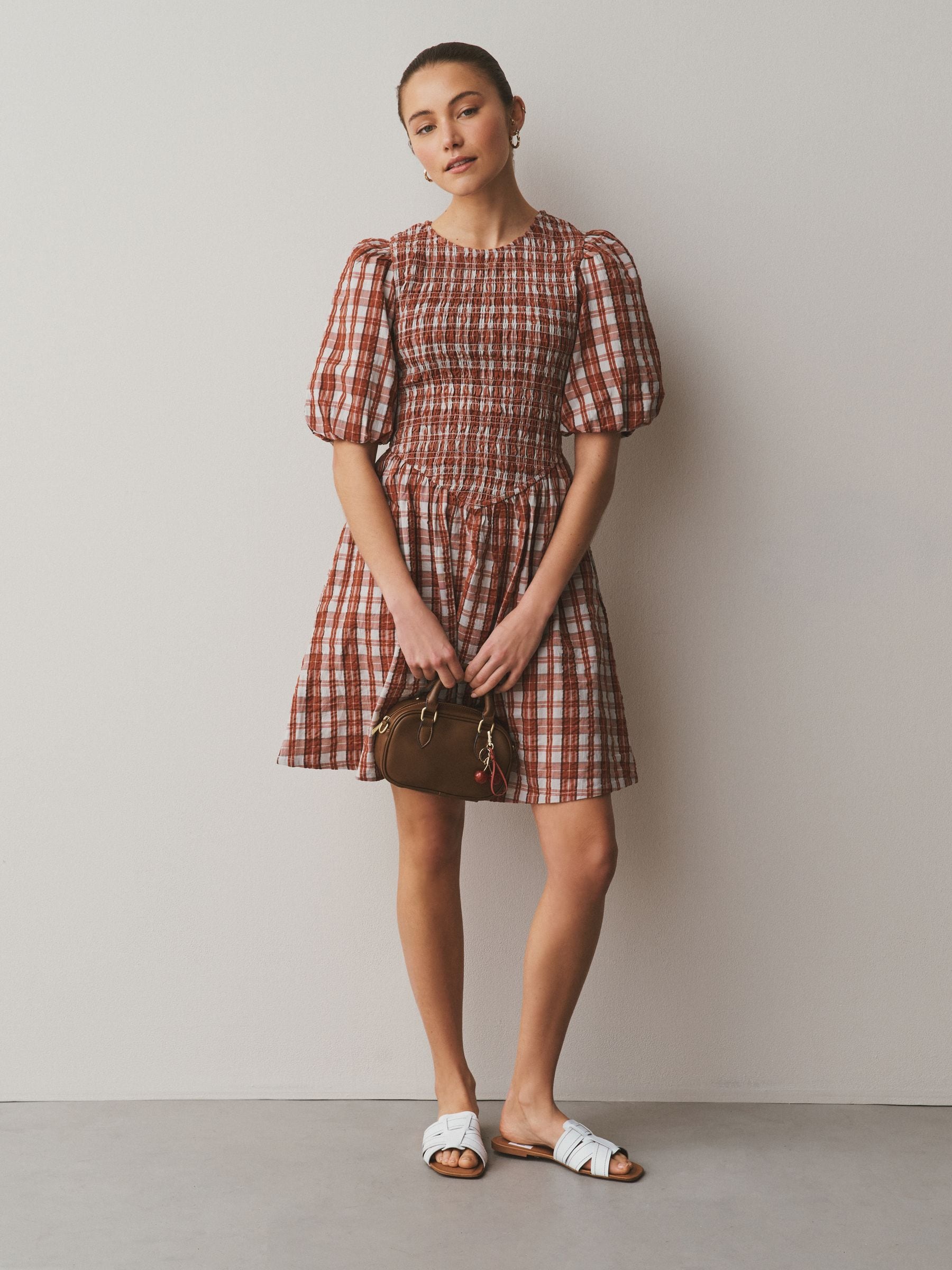 Buy Red Check Puff Sleeve Shirred Mini Dress from Next USA