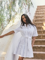 Alb - Cutwork Mini Tie Waist Shirt Dress - Imaginea 1 din 5