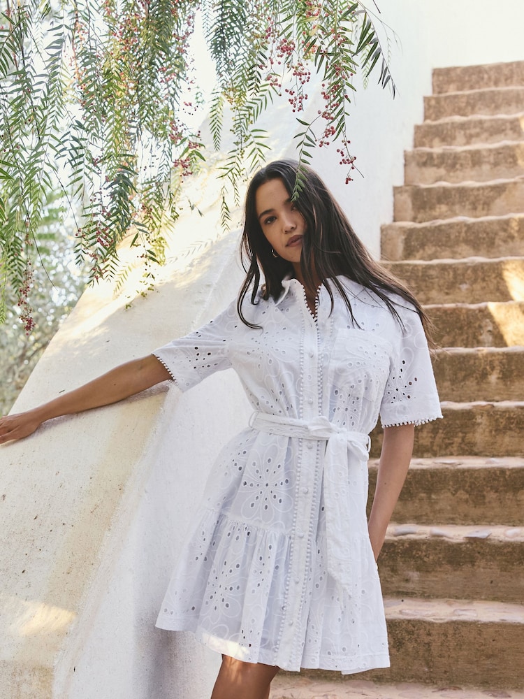 Alb - Cutwork Mini Tie Waist Shirt Dress - Imaginea 1 din 5