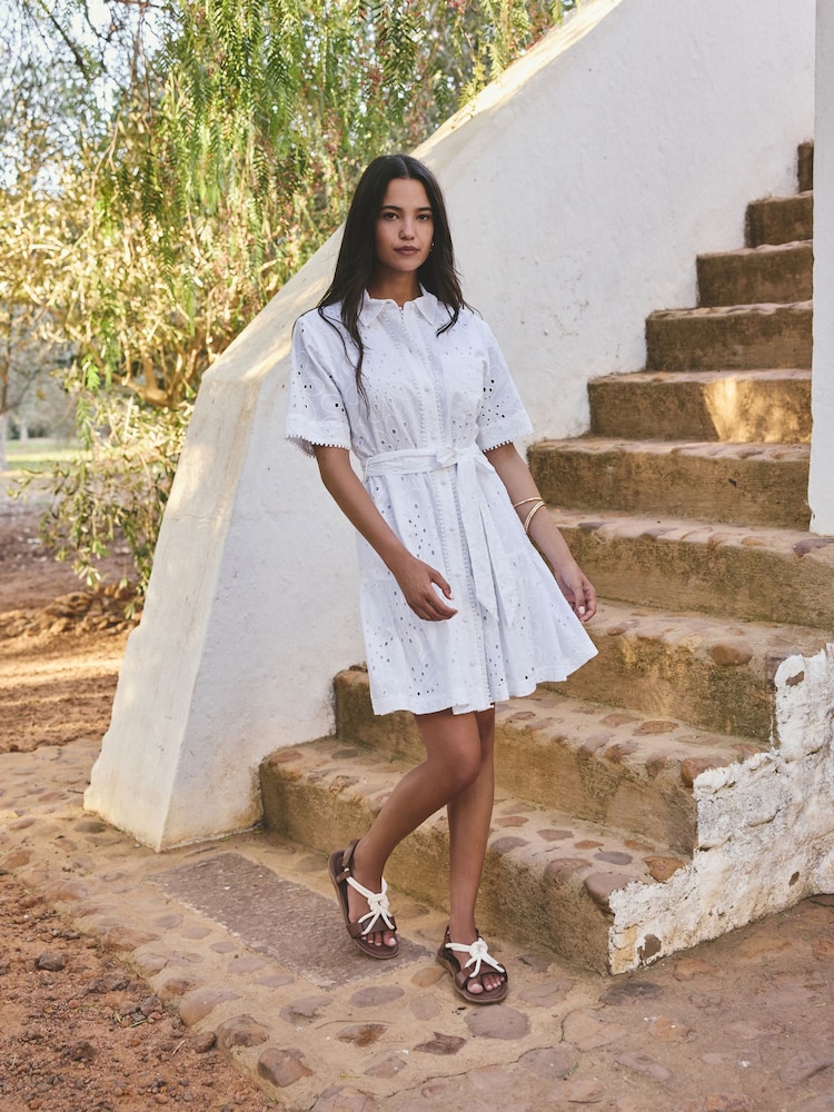 Alb - Cutwork Mini Tie Waist Shirt Dress - Imaginea 2 din 5