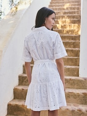 Alb - Cutwork Mini Tie Waist Shirt Dress - Imaginea 3 din 5