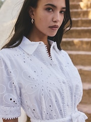 Alb - Cutwork Mini Tie Waist Shirt Dress - Imaginea 4 din 5