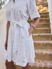 Alb - Cutwork Mini Tie Waist Shirt Dress - Imaginea 5 din 5