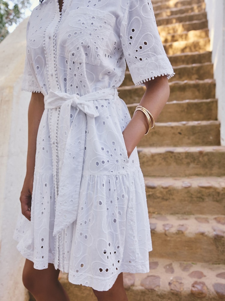 Alb - Cutwork Mini Tie Waist Shirt Dress - Imaginea 5 din 5