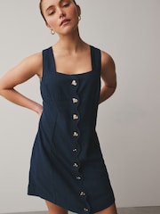Washed Indigo Blue Scallop Edge Square Neck Button Through Mini Shift Dress - Image 1 of 7