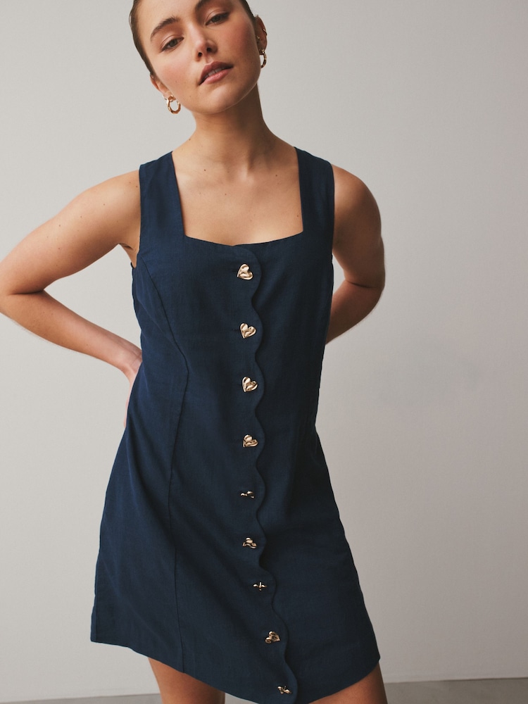 Washed Indigo Blue Scallop Edge Square Neck Button Through Mini Shift Dress - Image 1 of 7