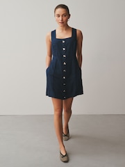 Washed Indigo Blue Scallop Edge Square Neck Button Through Mini Shift Dress - Image 2 of 7