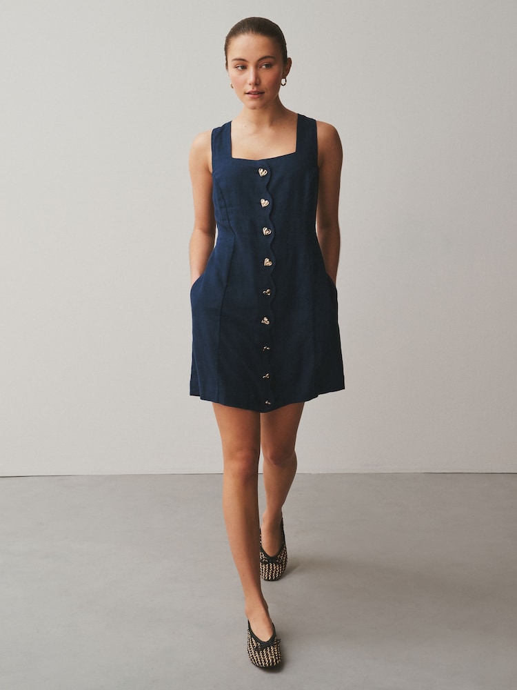Washed Indigo Blue Scallop Edge Square Neck Button Through Mini Shift Dress - Image 2 of 7