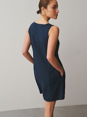 Washed Indigo Blue Scallop Edge Square Neck Button Through Mini Shift Dress - Image 3 of 7