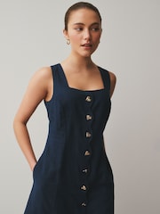 Washed Indigo Blue Scallop Edge Square Neck Button Through Mini Shift Dress - Image 4 of 7