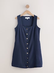 Washed Indigo Blue Scallop Edge Square Neck Button Through Mini Shift Dress - Image 5 of 7