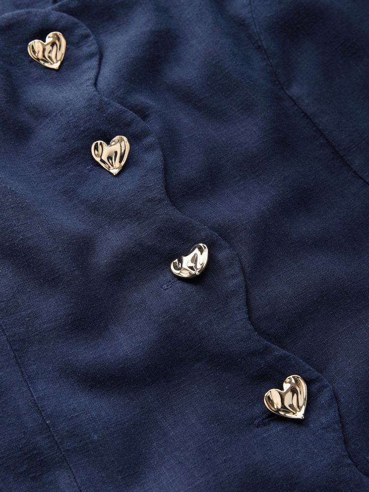 Washed Indigo Blue Scallop Edge Square Neck Button Through Mini Shift Dress - Image 7 of 7