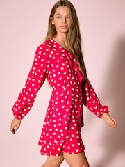 Red Heart Print Long Sleeve Mini Wrap Dress - Image 1 of 5