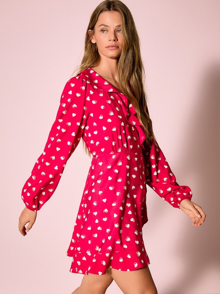Red Heart Print Long Sleeve Mini Wrap Dress - Image 1 of 5