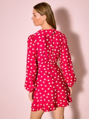 Red Heart Print Long Sleeve Mini Wrap Dress - Image 3 of 5