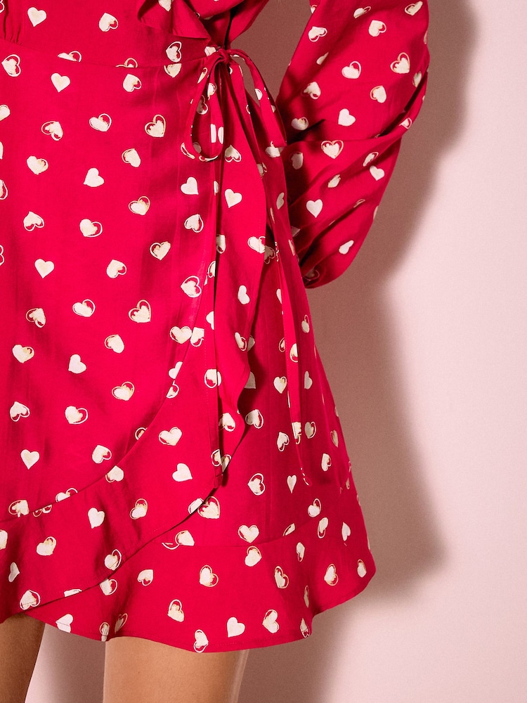 Red Heart Print Long Sleeve Mini Wrap Dress - Image 5 of 5