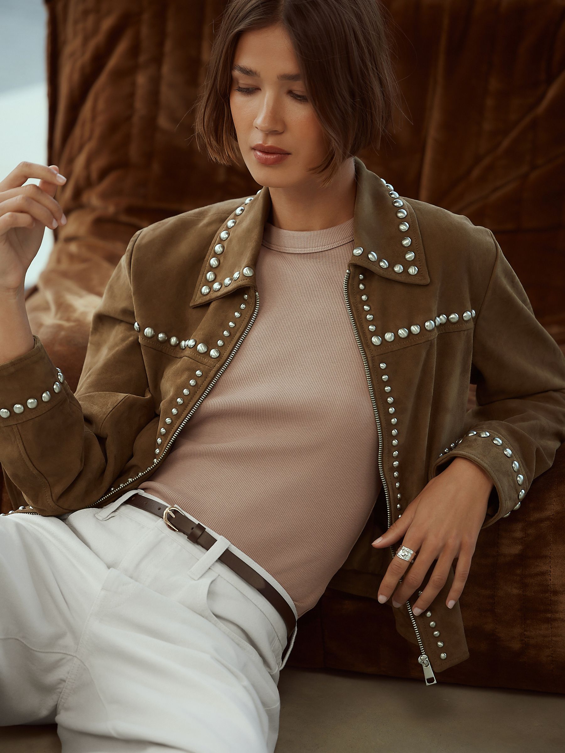 Buy Tan Brown N. Premium Real Zip Through Studded Jacket from Next