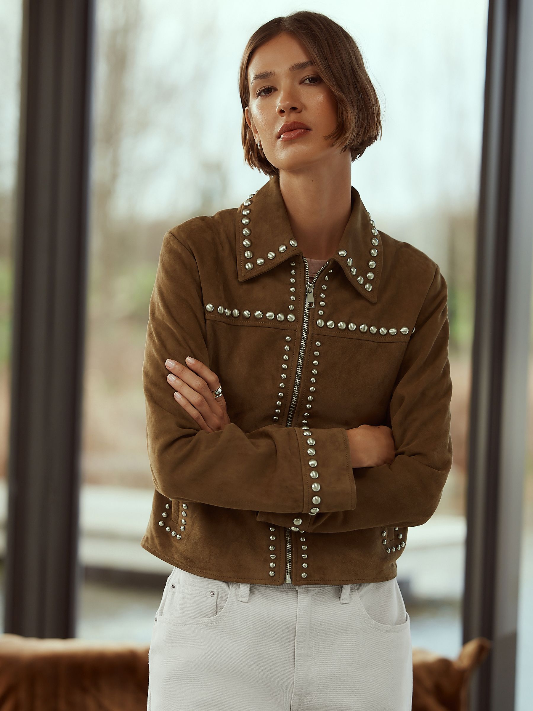 Leticia Rib-suede ブラウン Buy Tan Brown N. Premium Real Zip Through Studded Jacket from Next USA
