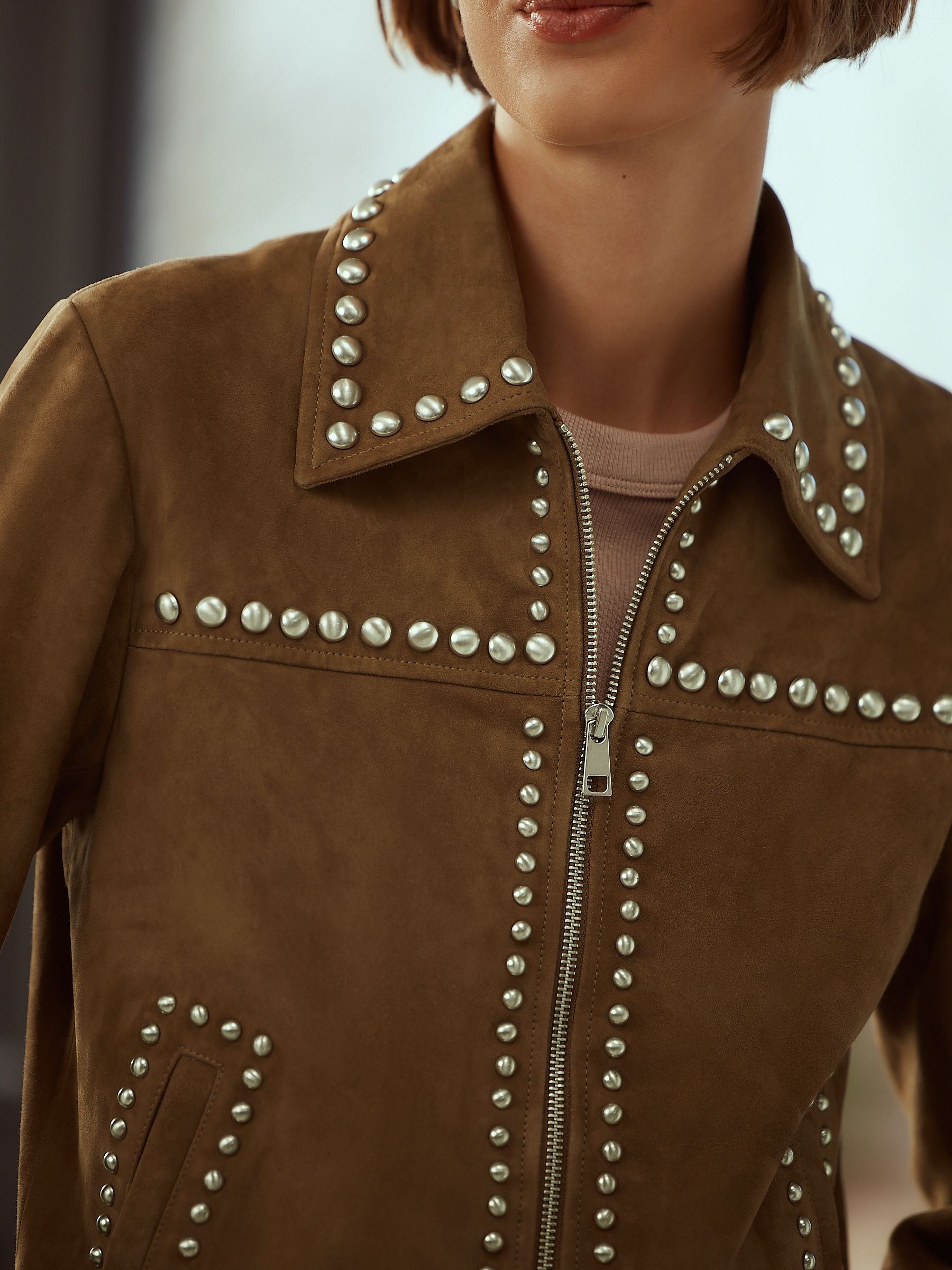 Buy Tan Brown N. Premium Real Zip Through Studded Jacket from the