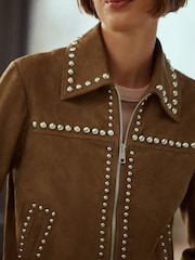 Tan Brown N. Premium Real Zip Through Studded Jacket - Image 5 of 9