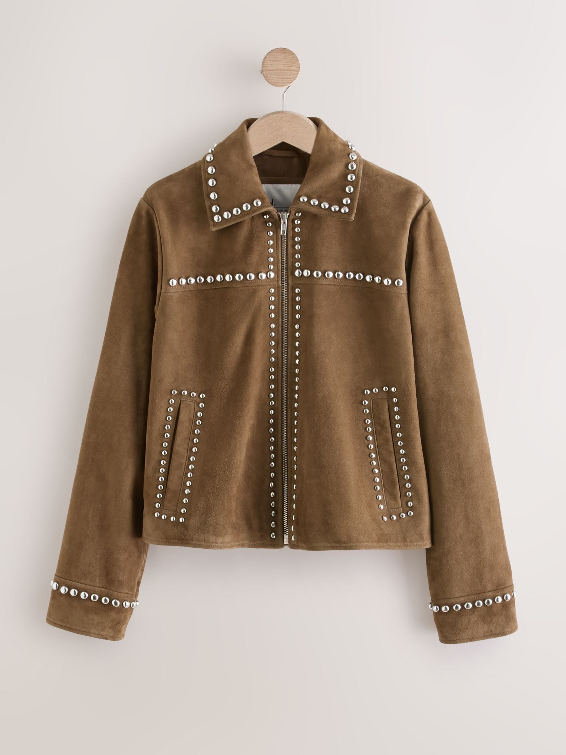 Buy Tan Brown N. Premium Real Zip Through Studded Jacket from the