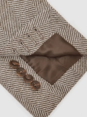 Reiss Brown Pinto Double-Breasted Herringbone Blazer Slim-Fit Wool-Blend - Image 6 of 7