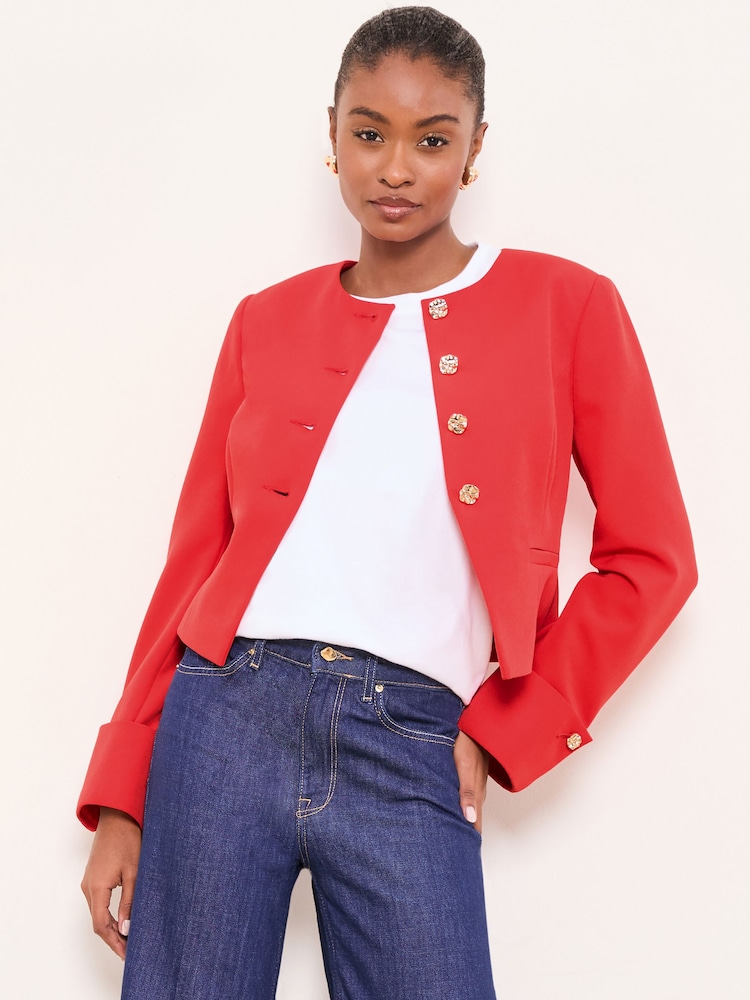 Czerwony - Lipsy Collarless Cropped Blazer - Obraz 1 z 4 Czerwony - Lipsy Collarless Cropped Blazer - Obraz 1 z 4