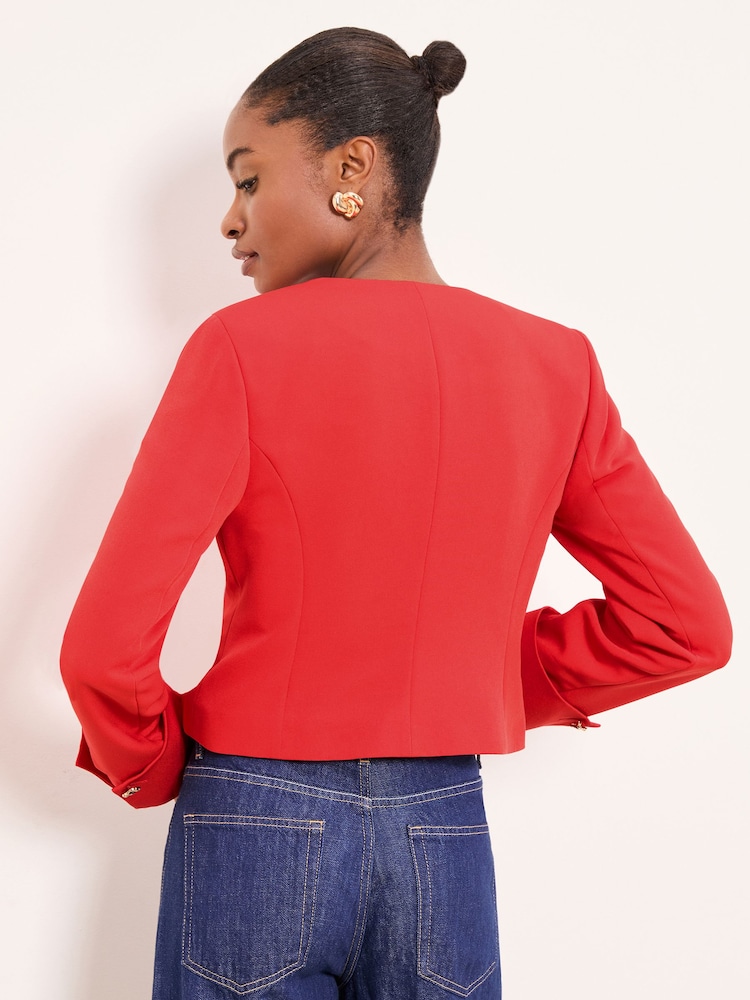 Czerwony - Lipsy Collarless Cropped Blazer - Obraz 4 z 4 Czerwony - Lipsy Collarless Cropped Blazer - Obraz 4 z 4