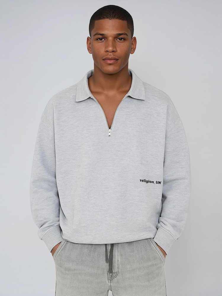 Religion Grey Uk Collared Cropped 1/2 Zip Sweatshirt - Image 1 of 4