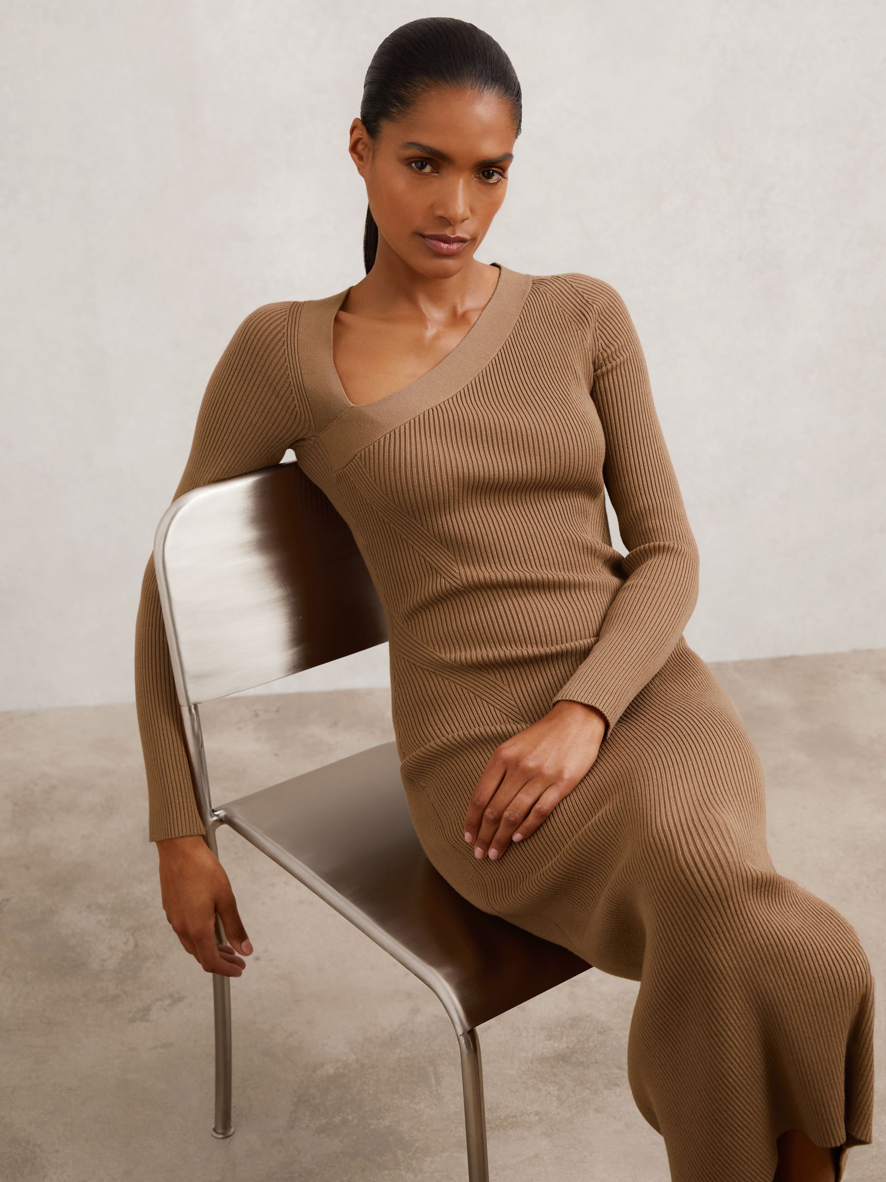 Buy Reiss Camel Zeta Asymmetric-Neck Rib-Knit Midi Dress from Next USA