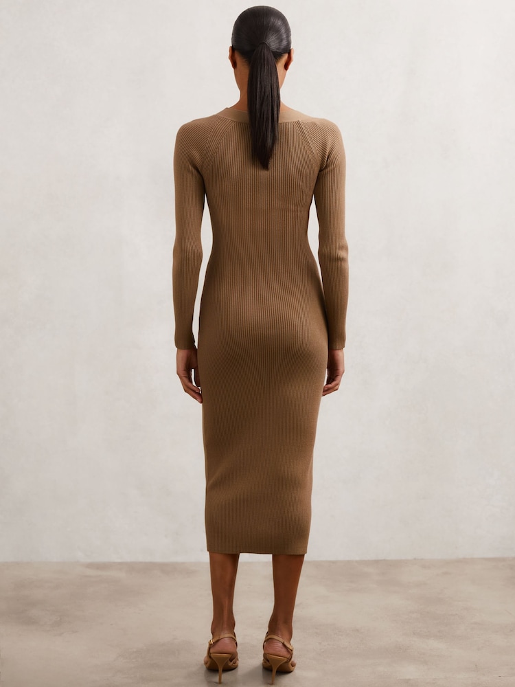 knee length dresses for ladies Camel Peplum Knit Midi Dress – self-portrait-US
