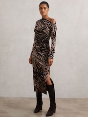 Reiss Black/Brown Briana Velvet Leopard-Print Midi Dress - Image 1 of 6