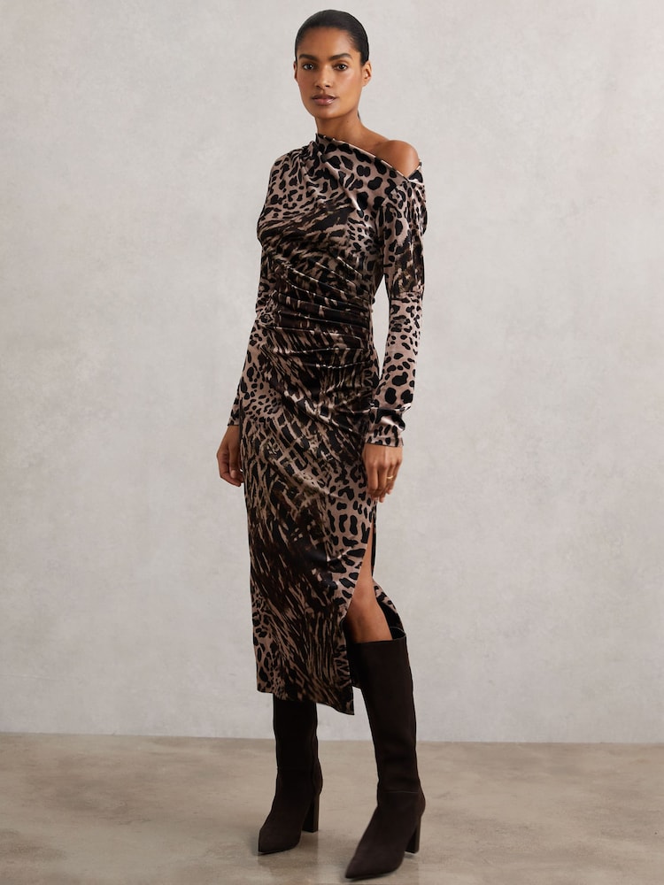 Reiss Black/Brown Briana Velvet Leopard-Print Midi Dress - Image 1 of 6 Reiss Black/Brown Briana Velvet Leopard-Print Midi Dress - Image 1 of 6