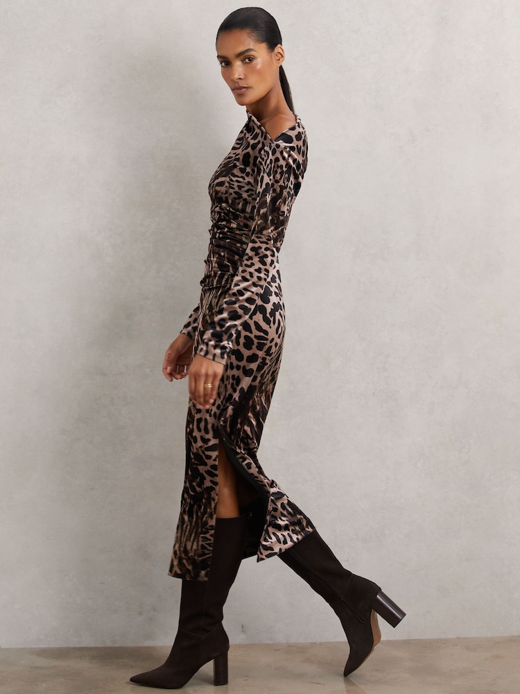 Reiss Briana Velvet Leopard-print Midi Dress - Black/brown Reiss Briana Velvet Leopard-print Midi Dress - Black/brown