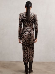 Reiss Black/Brown Briana Velvet Leopard-Print Midi Dress - Image 5 of 6