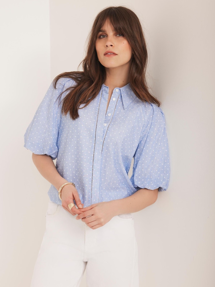 Mint Velvet Blue Stripe Polka Heart Puff Sleeve Shirt - Image 1 of 7