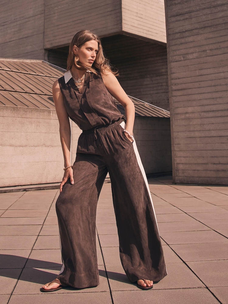 Mint Velvet Brown Side Stripe Wide Trousers - Image 1 of 8
