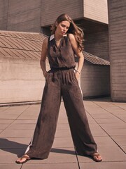 Mint Velvet Brown Side Stripe Wide Trousers - Image 5 of 8