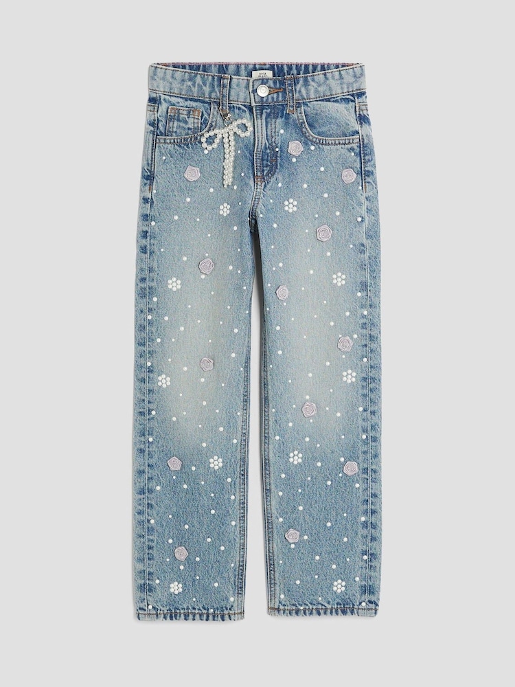 River Island Blue Girls Pearl Flower Print Straight Jeans - Image 1 of 4