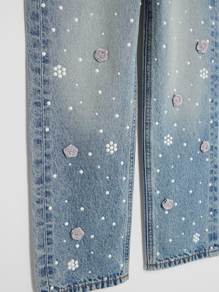 River Island Blue Girls Pearl Flower Print Straight Jeans - Image 4 of 4