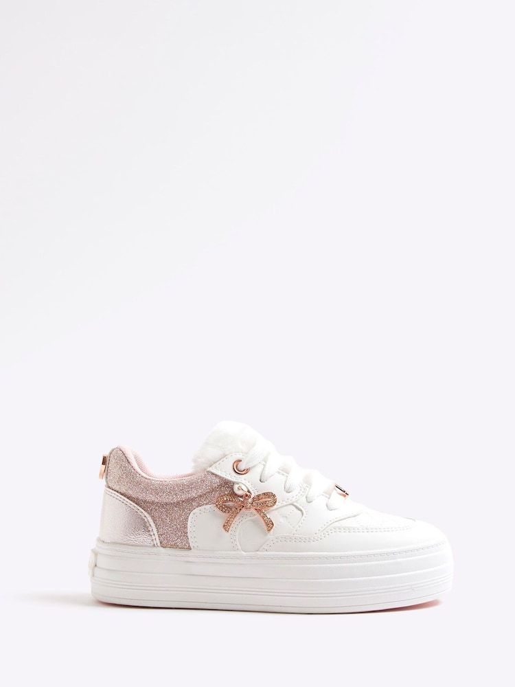 River Island Pink Girls Fur Tongue Bow Charm Trainers - Image 1 of 5