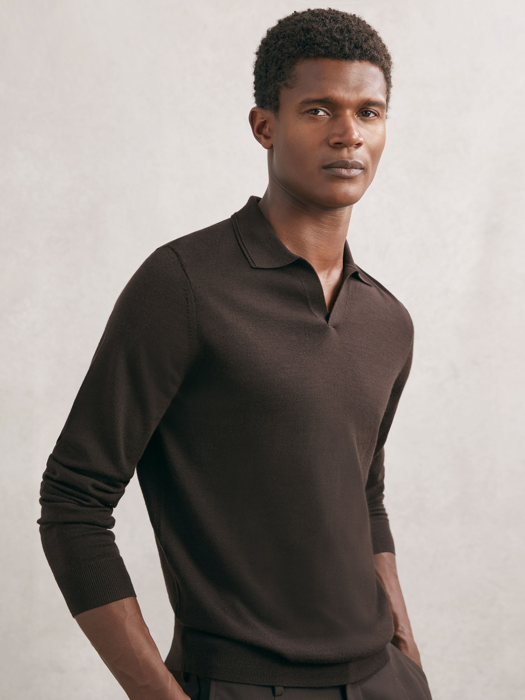 Buy Reiss Chocolate Brown Milburn Merino Wool Open-Collar Polo